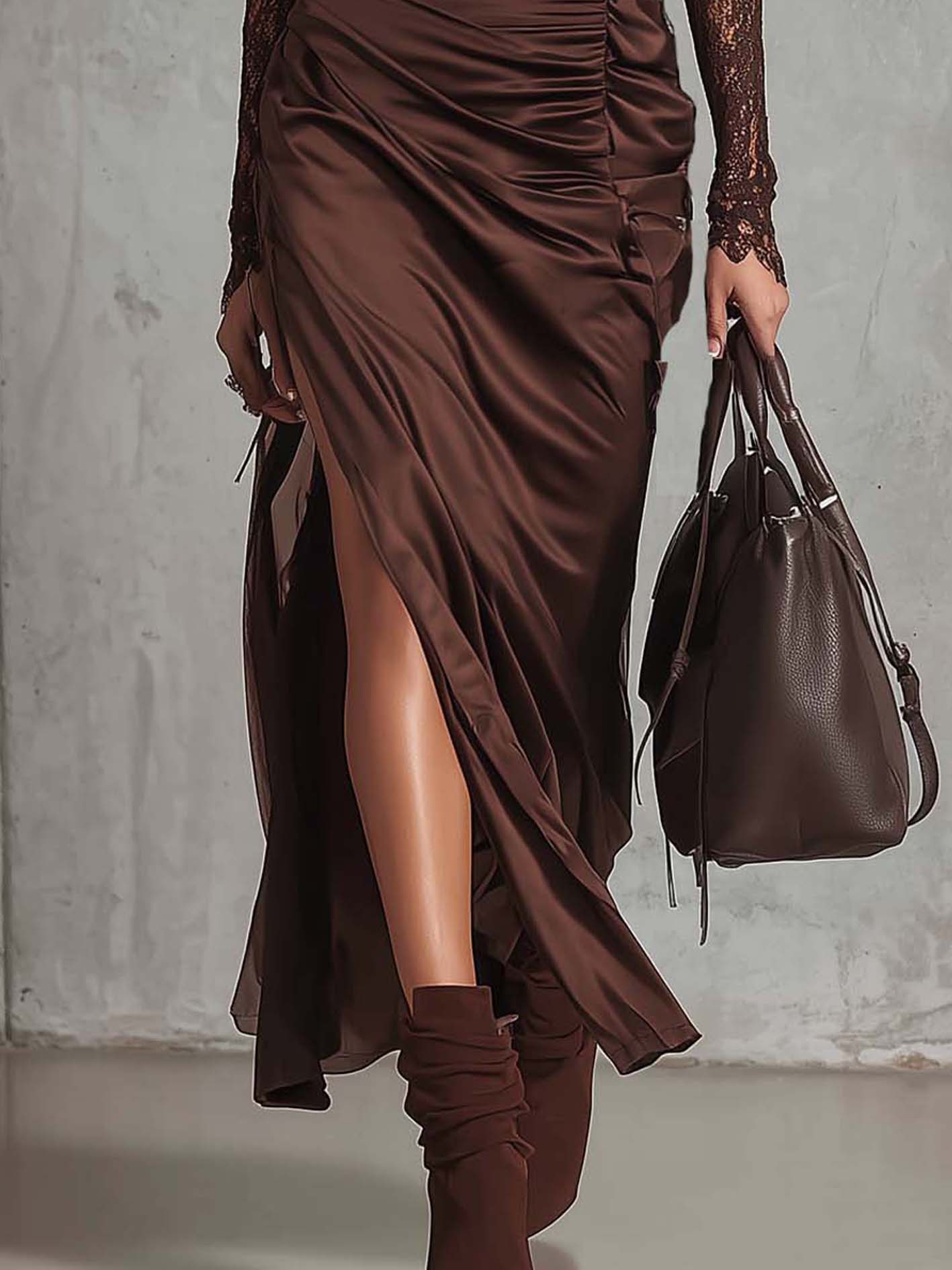Chocolate Lace Patchwork Satin Ruched Bodycon Dress