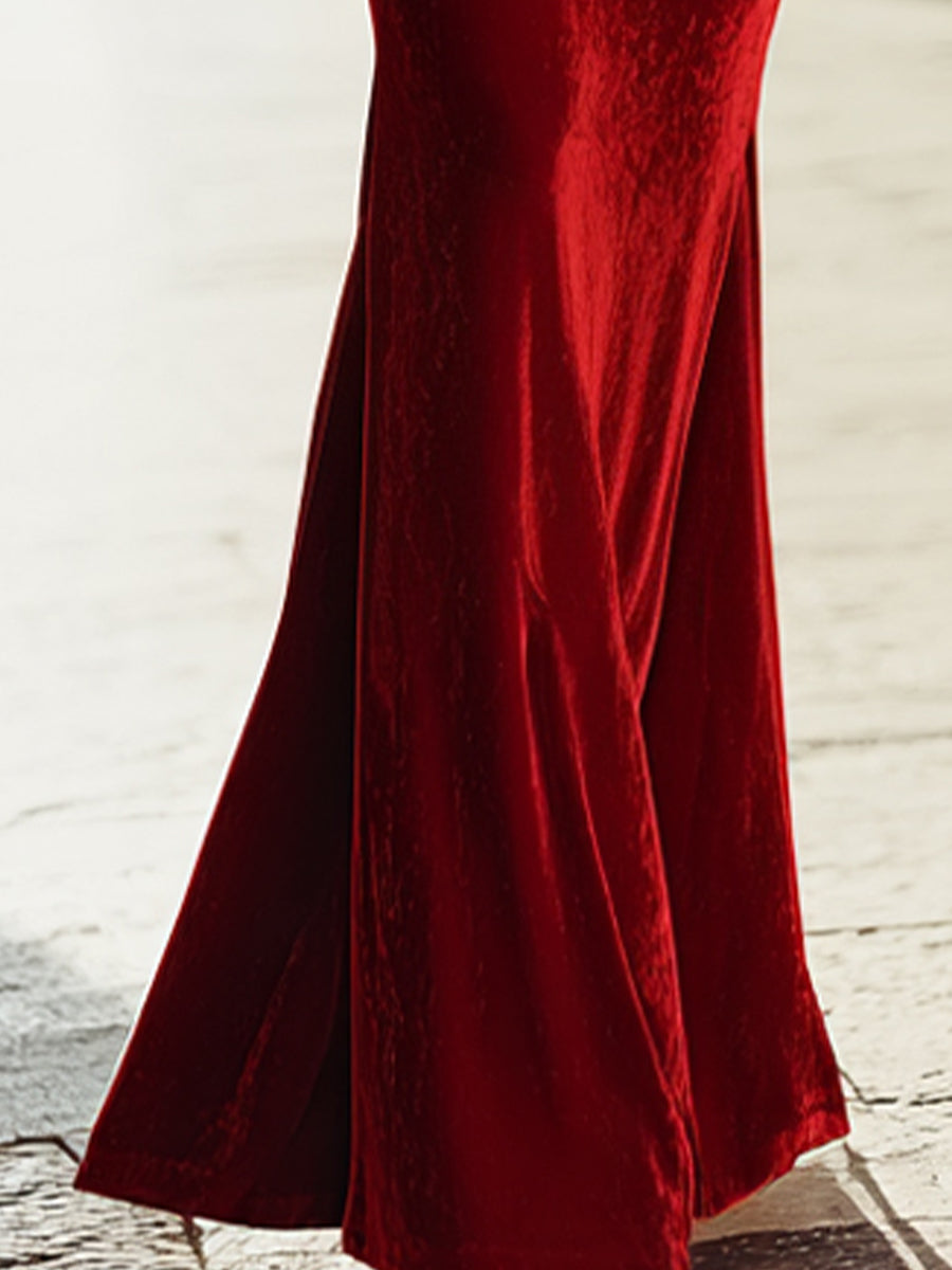 Elegant Velvet Cut-Out Evening Gown With Puff Sleeves Set