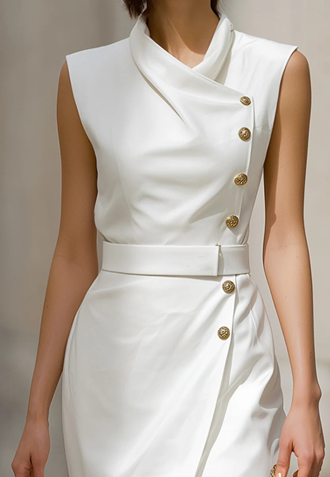High Neck Sleeveless Sheath Belt Knee-Length Work Dress