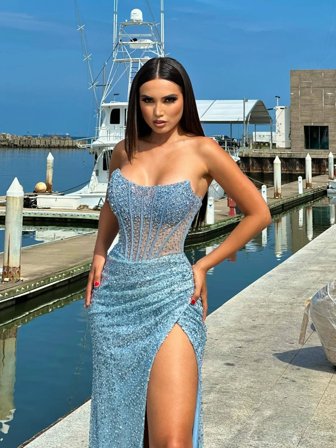 Radiant Blue Straight Across Sleevless Sequins Split Prom Dress