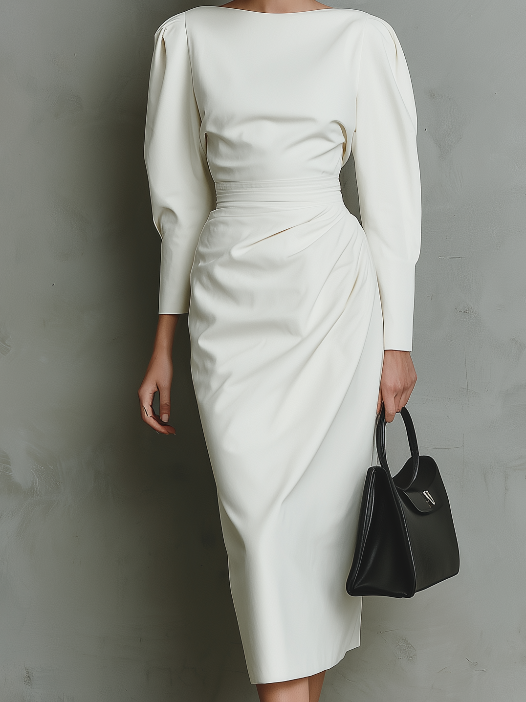 Women's Elegant White Long-sleeved Slim-fit Knit Midi Dress With Pleated Waist