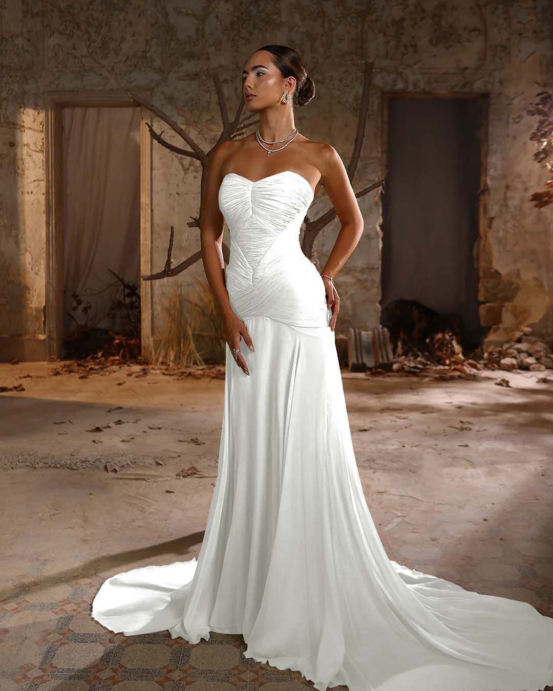 Simple Chiffon Strapless Sleeveless Pleated Long Prom Dress With Pleated