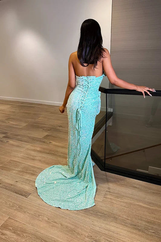 Evening Dress Sequins Baby Blue Slit Sleeveless Taping V Neck