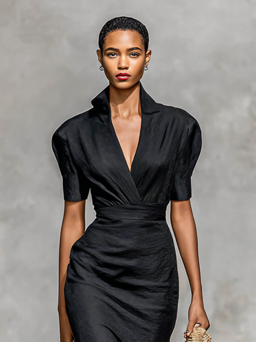 Ladies Solid Color Lapel V-neck Short Sleeve Waist Midi Dress