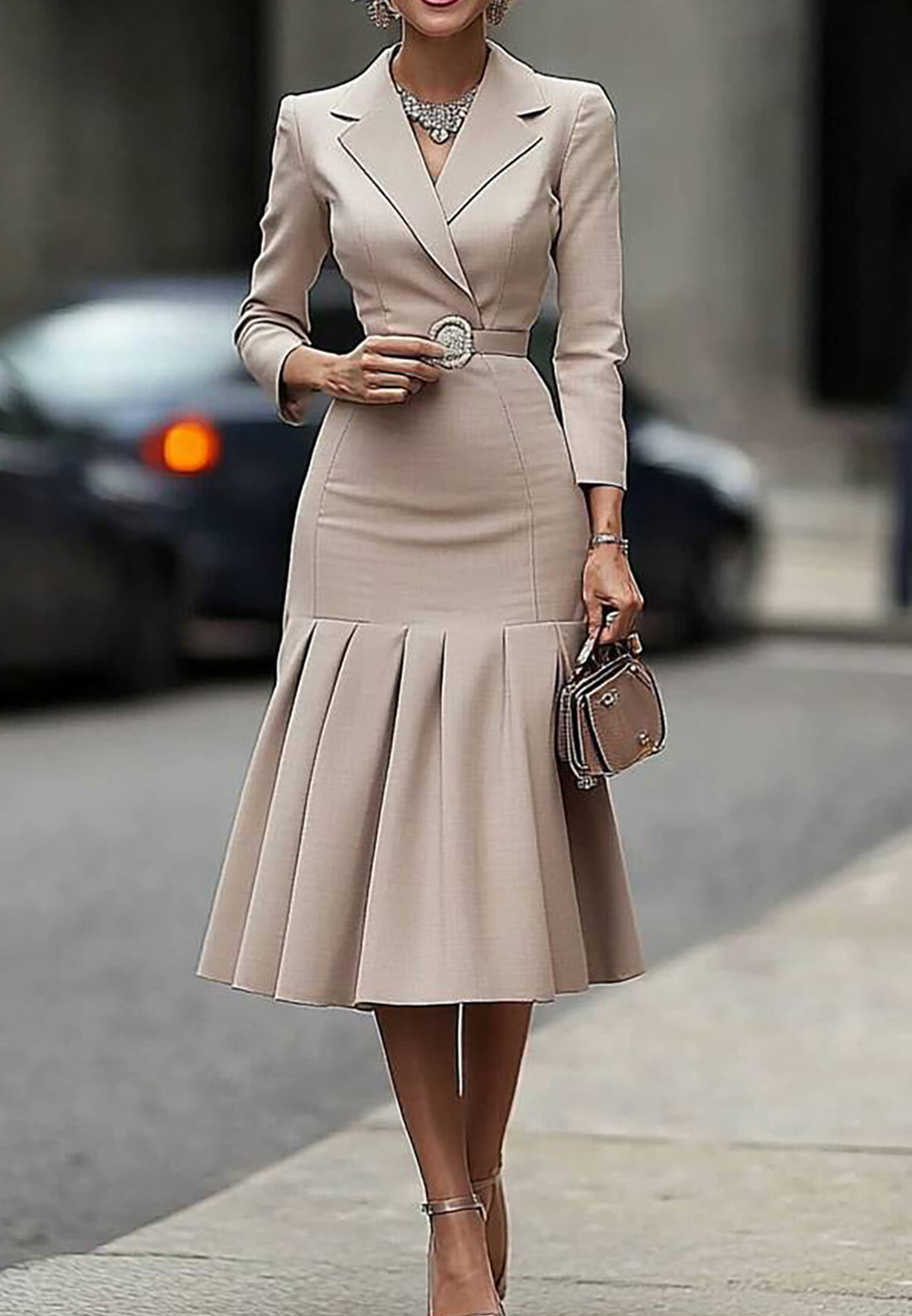 Work Business Blazer Dress Lapel Tie Belt Pleated Midi Dress