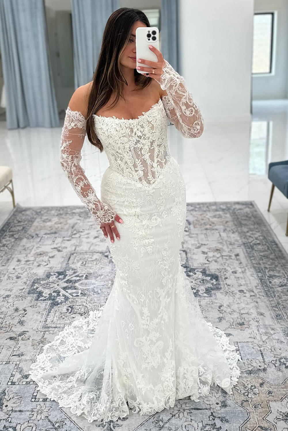 Mermaid Tulle Lace Appliqued Long Sleeves Bride Wedding Dresses Boho Wedding Gowns