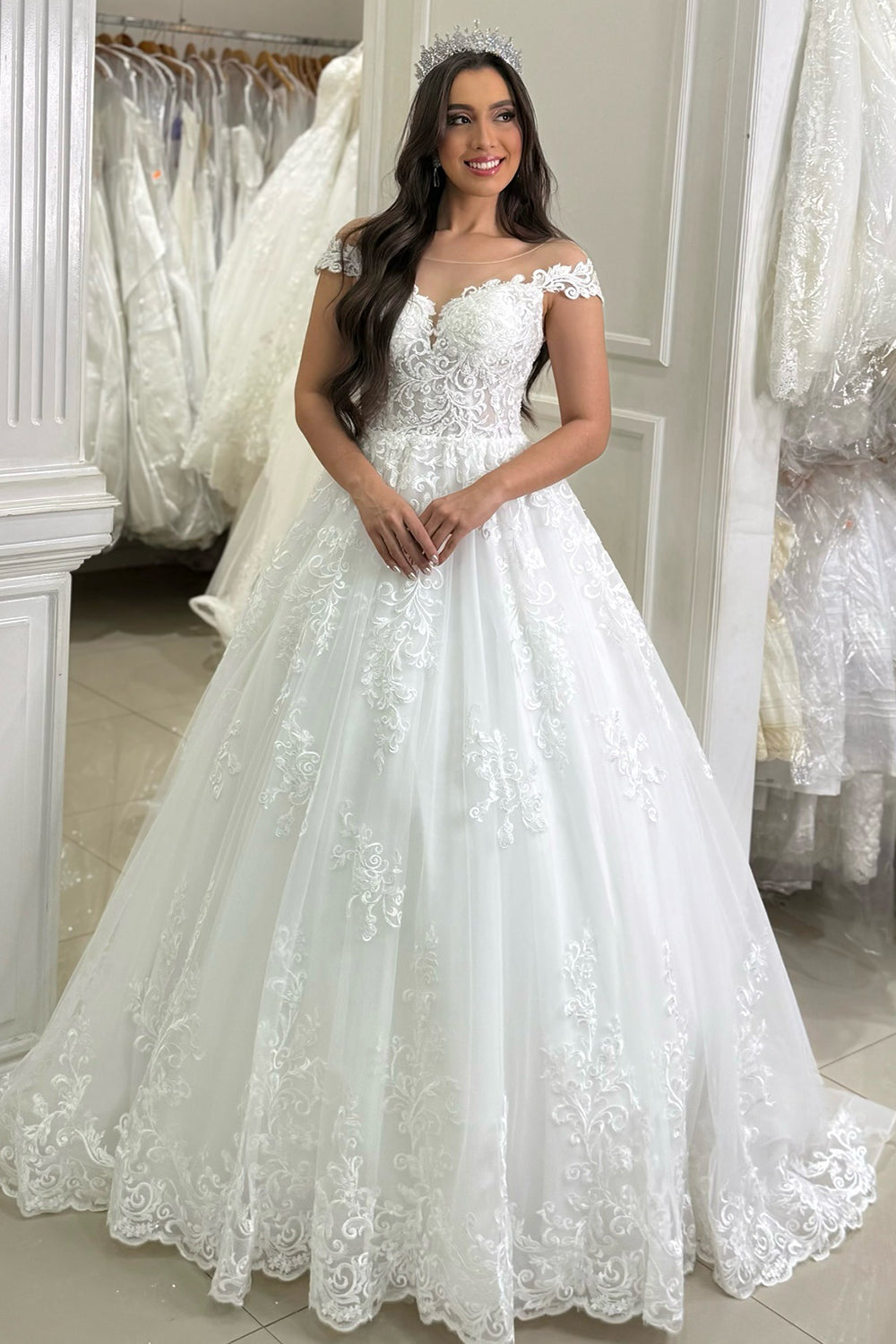 Women's A Line Tulle Lace Beach Plus Size Wedding Dresses for Bride