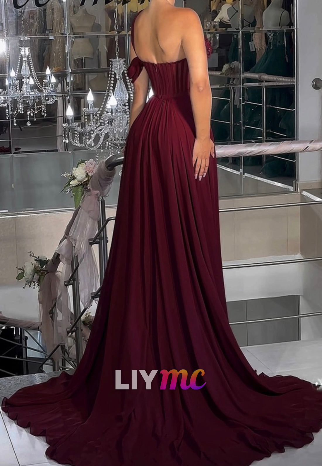 One Shoulder Sleeveless Side Slit Pleated A-Line Prom Dress