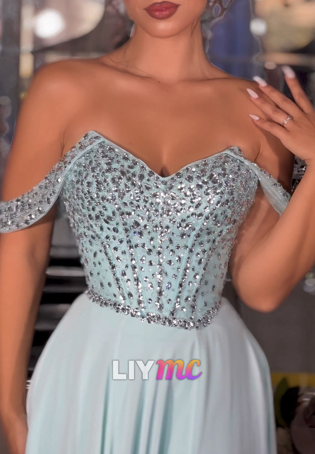 Off-Shoulder Sleeveless Beaded Side Slit A-Line Prom Dress