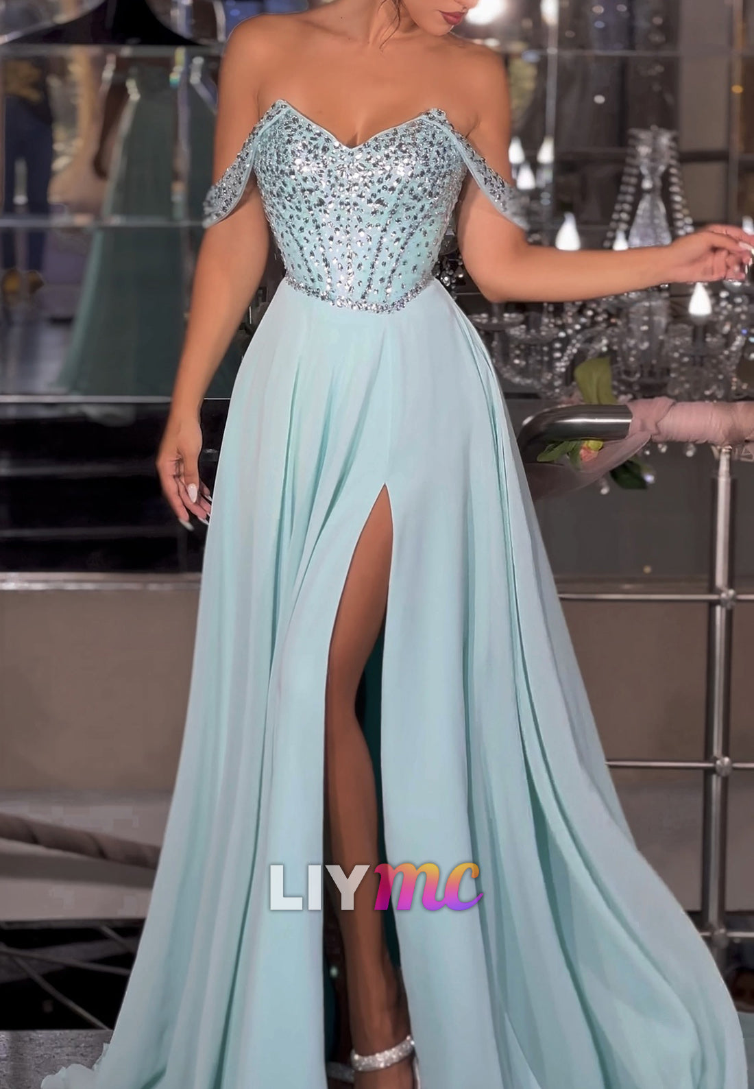 Off-Shoulder Sleeveless Beaded Side Slit A-Line Prom Dress