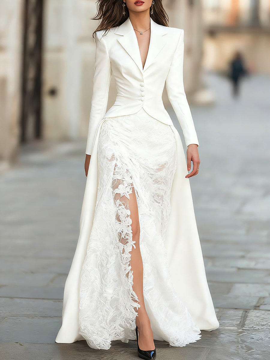 Elegant Tailored Blazer Panel Lace Gown Set