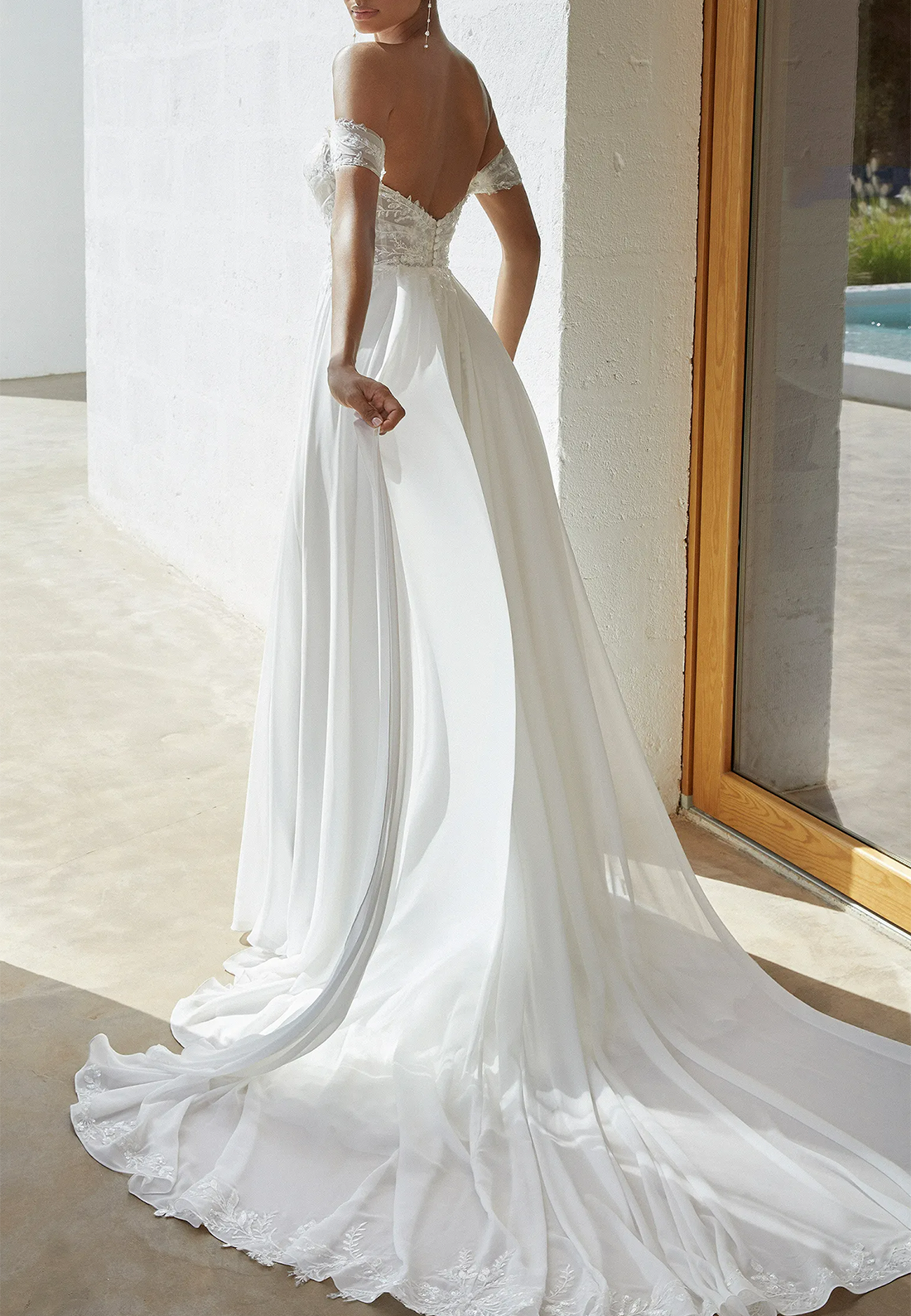 Off-Shoulder Sleeveless Appliques Chiffon Pleated A-Line Beach Wedding Dress