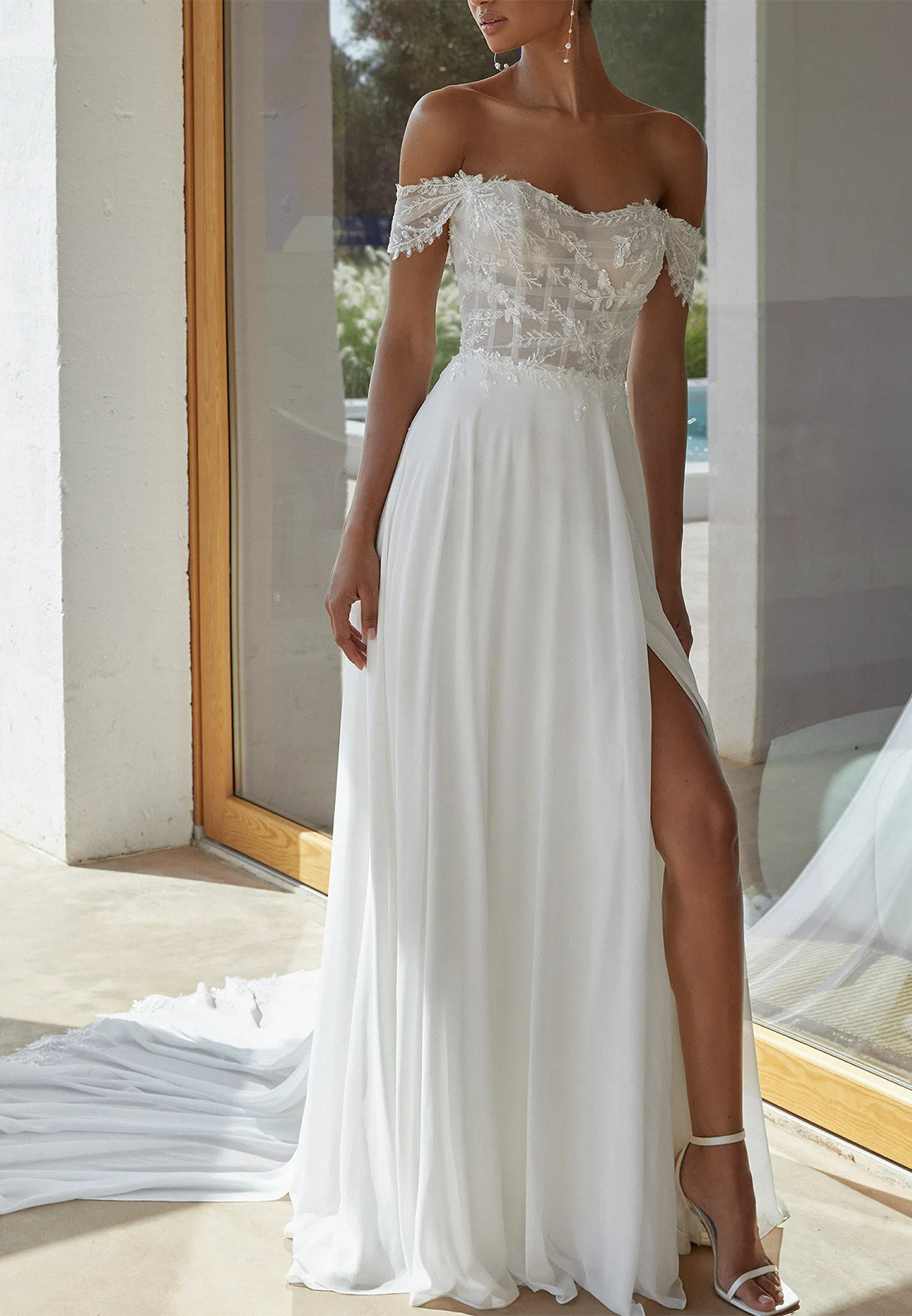 Off-Shoulder Sleeveless Appliques Chiffon Pleated A-Line Beach Wedding Dress