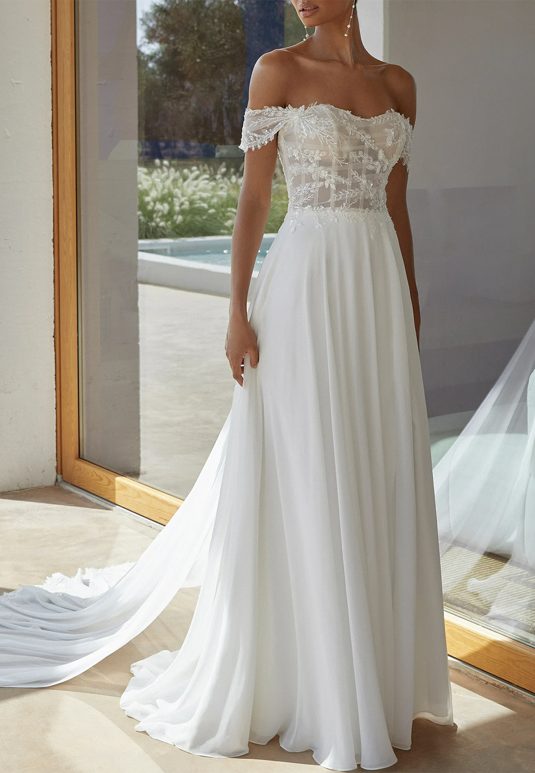Off-Shoulder Sleeveless Appliques Chiffon Pleated A-Line Beach Wedding Dress