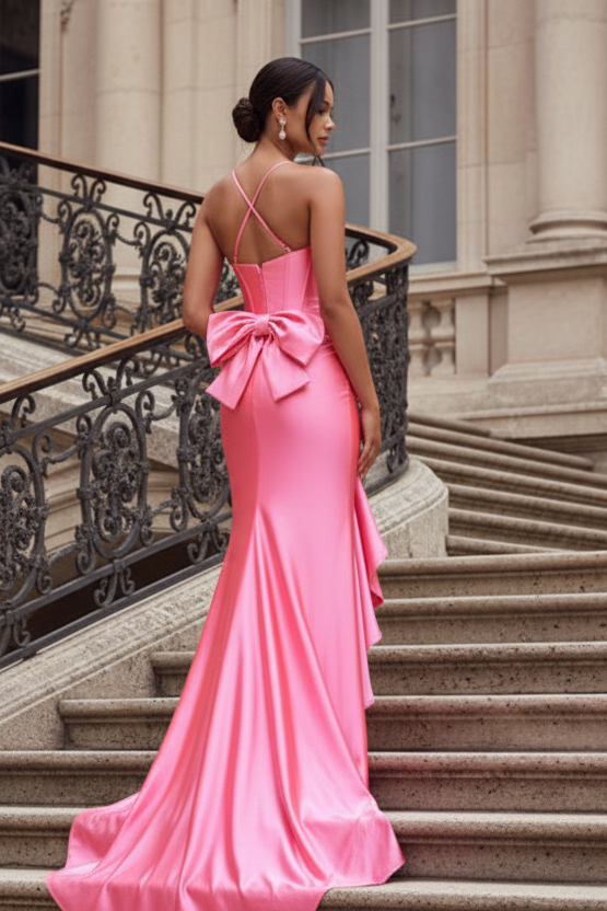V-Neck Ruffles Bow Straps Mermaid Prom Dress