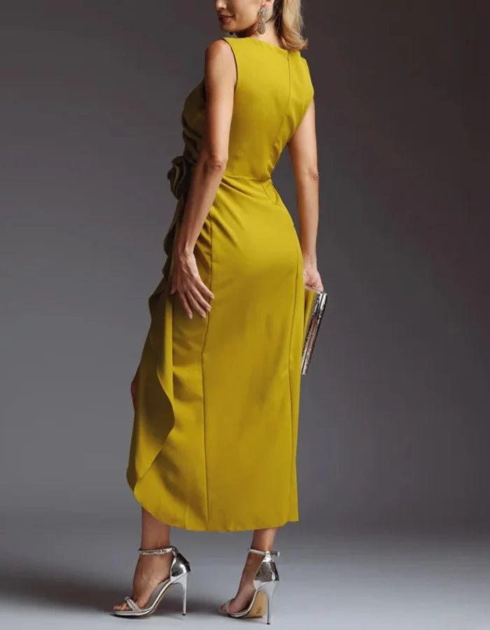 Sophisticated Satin Midi Dress with Draped Bodice and Floral Waist
