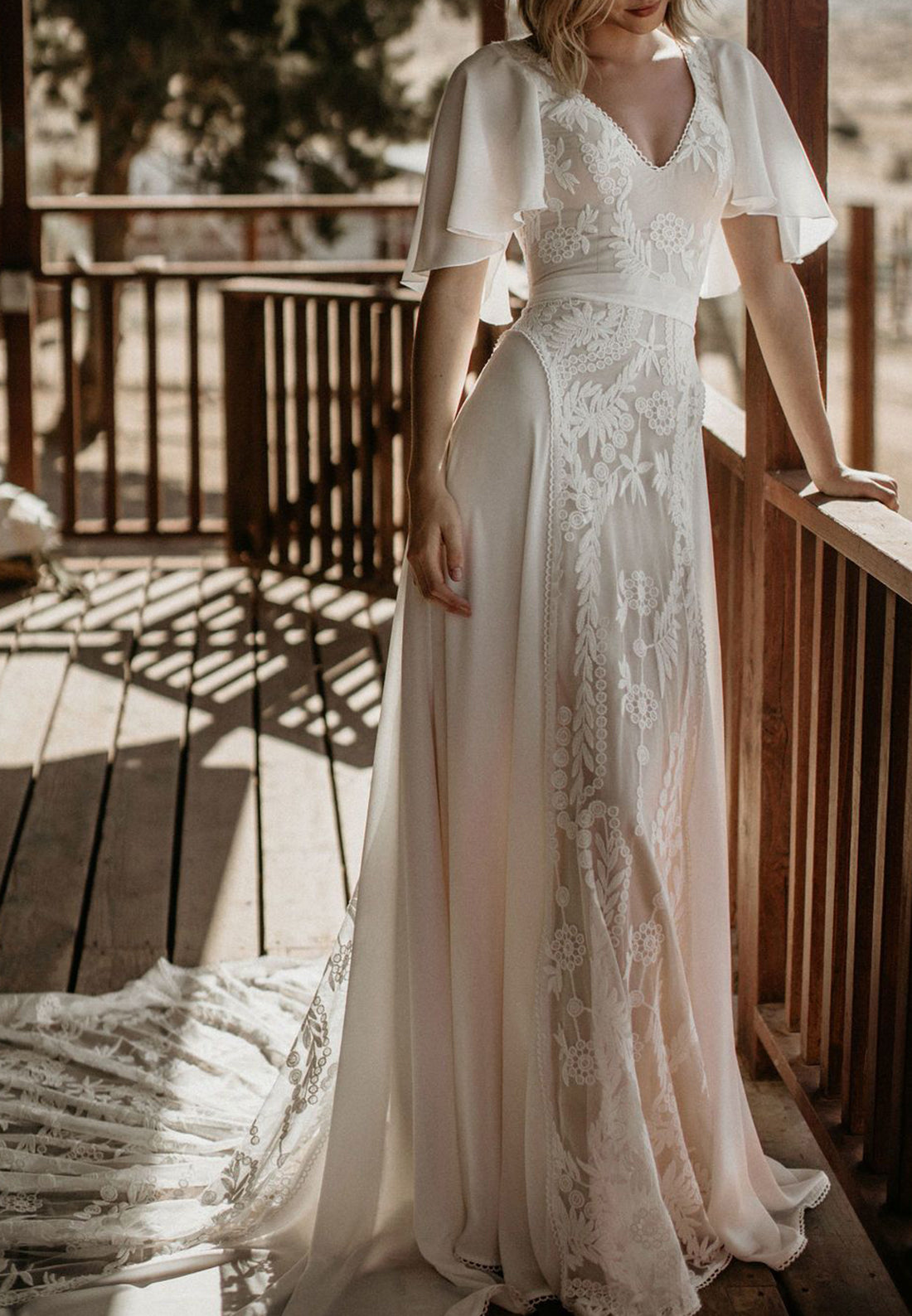 V-Neck Sleeves Chiffon Appliques A-Line Boho Wedding Dress