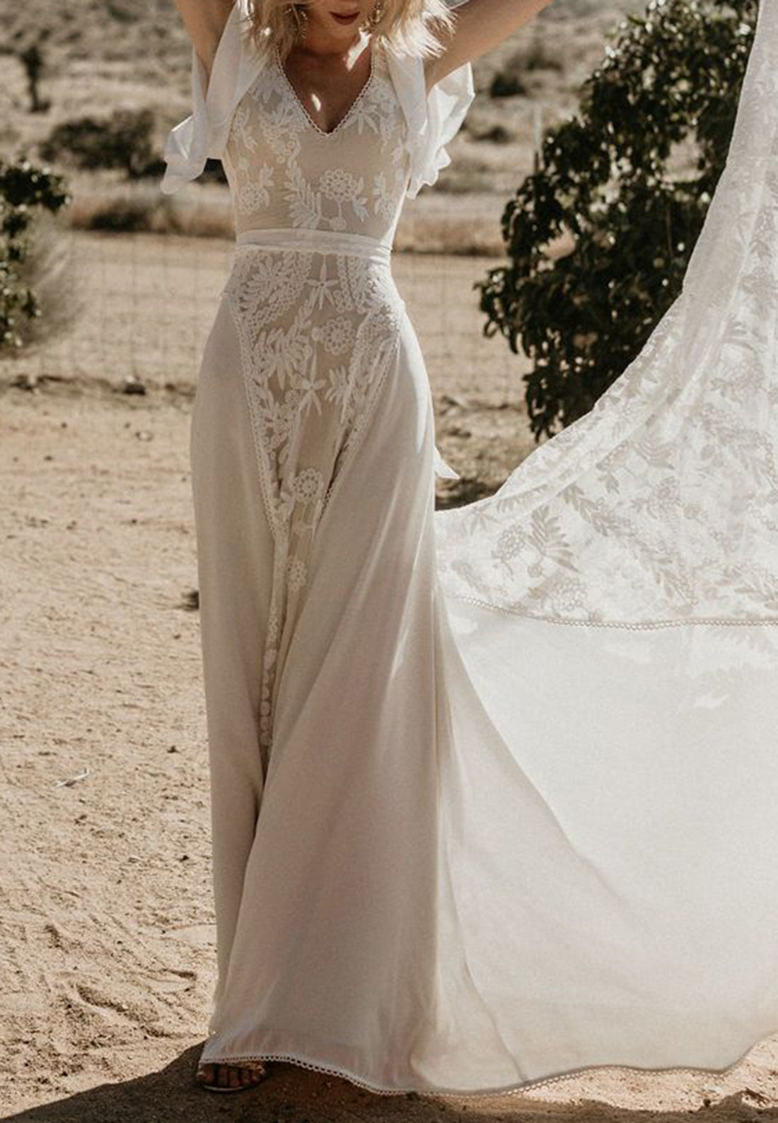 V-Neck Sleeves Chiffon Appliques A-Line Boho Wedding Dress