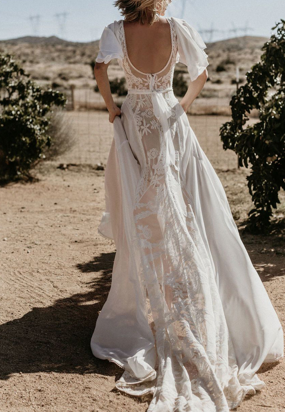 V-Neck Sleeves Chiffon Appliques A-Line Boho Wedding Dress