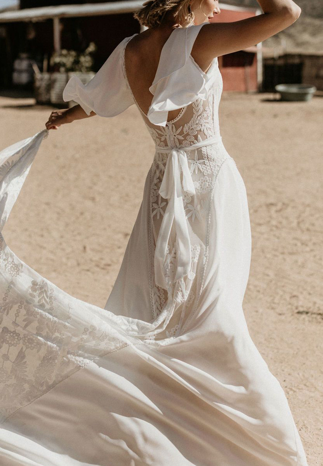 V-Neck Sleeves Chiffon Appliques A-Line Boho Wedding Dress