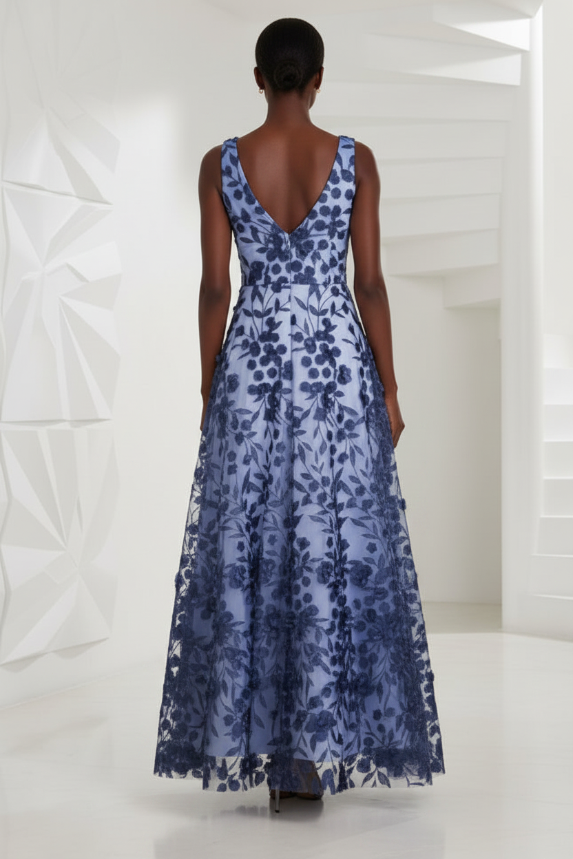 V-Neck Embroidered 3D A-Line Appliqué Gown