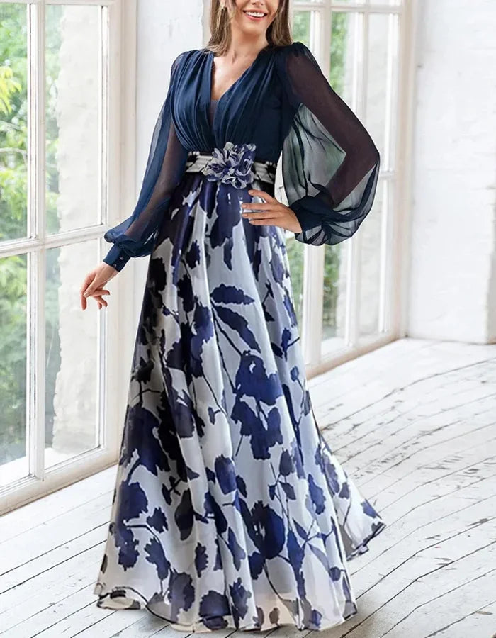 Elegant Navy Chiffon Gown with Floral Print Skirt and Sheer Bishop Sleeves