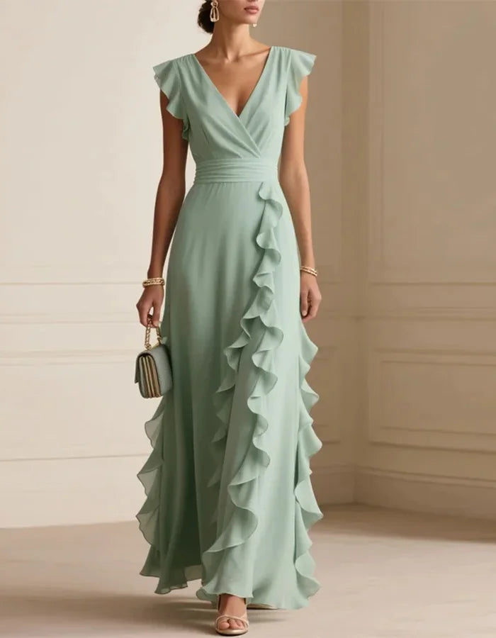 Graceful Mint Green Chiffon Gown with Ruffled Sleeves and Draped Skirt