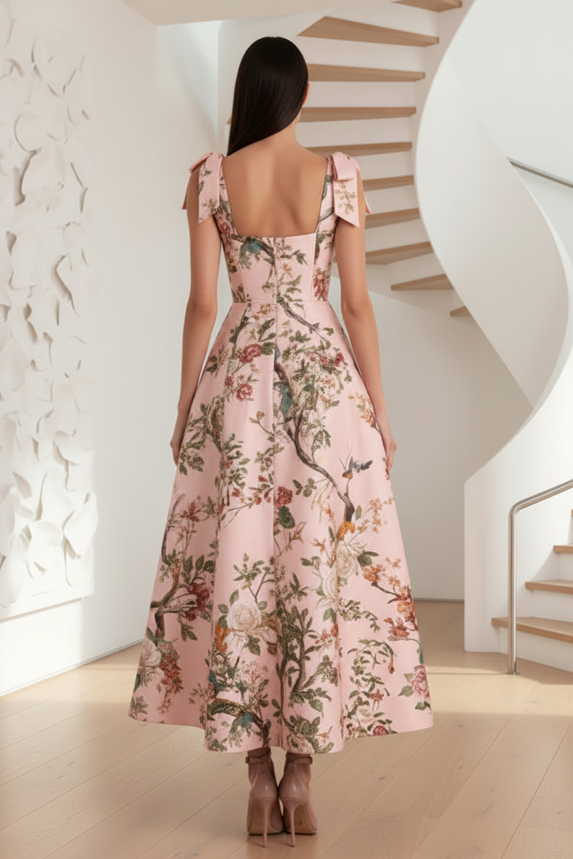 Square Strap Floral Printed Maxi Dress