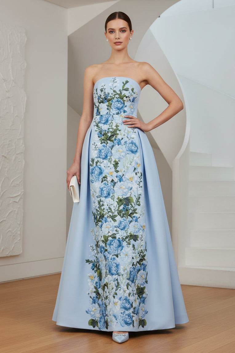 Strapless Floral Appliques A-Line Evening Gown