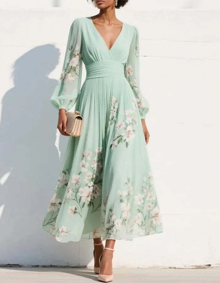 Graceful Mint Green Chiffon Midi Dress with Ruched Waist and Floral Embroidery