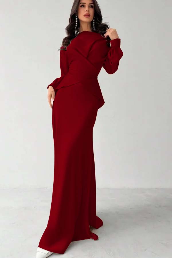 Simple Satin Long Sleeves Pleated Long Mermaid Prom Dress With Ruffles