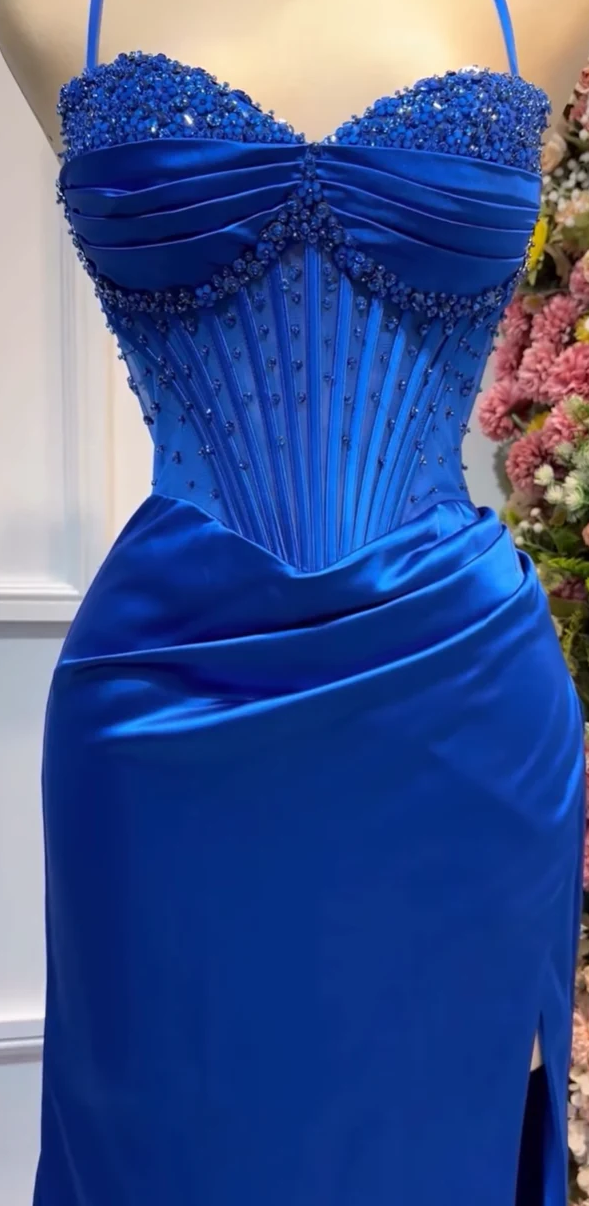 V-Neck Removable Spaghetti Straps Beaded Sheath Prom Dress