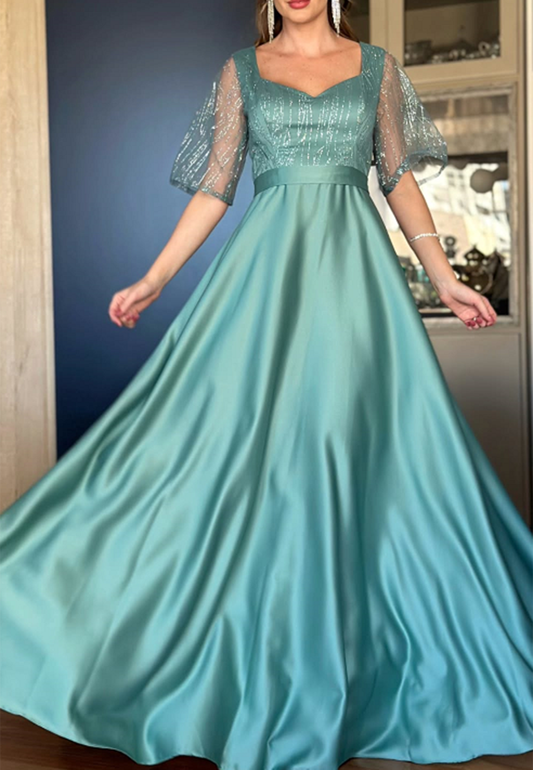 V-Neck Short Sleeves Sleek A-Line Mother of Bride Dress