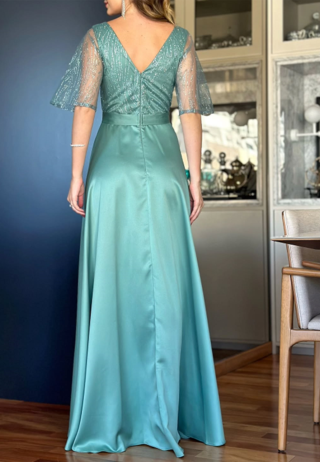 V-Neck Short Sleeves Sleek A-Line Mother of Bride Dress