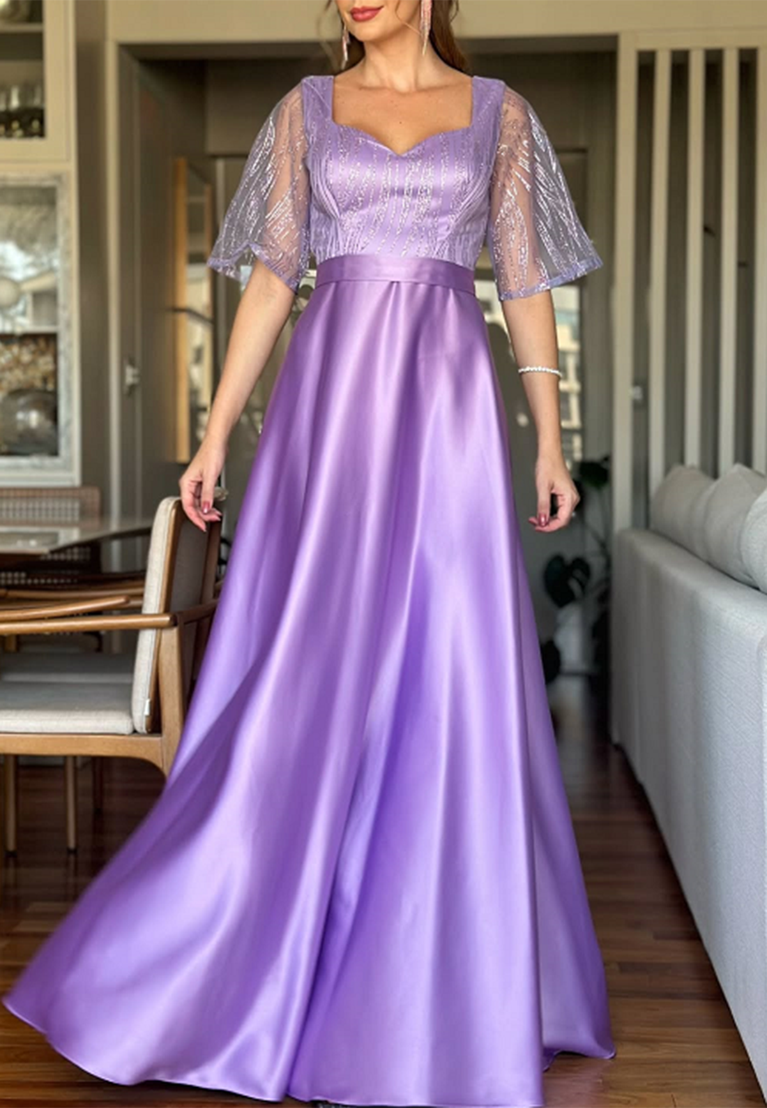 V-Neck Short Sleeves Sleek A-Line Mother of Bride Dress