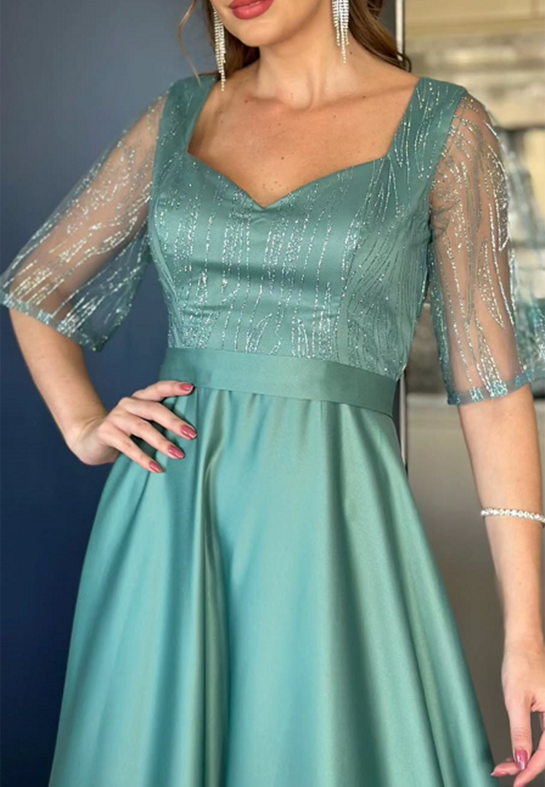 V-Neck Short Sleeves Sleek A-Line Mother of Bride Dress