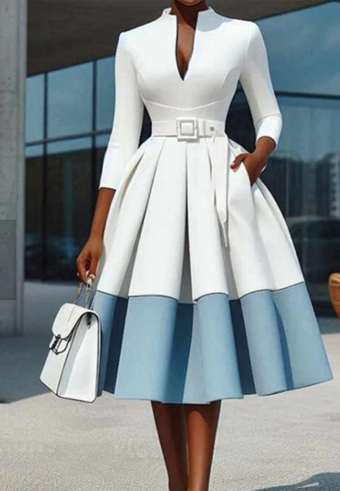 V-Neck Long Sleeves Pleated A-Line Cocktail Dress