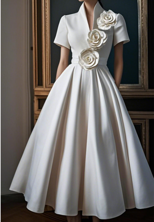 V-Neck Short Sleevs 3D Floral Pleated A-Line Work Dress