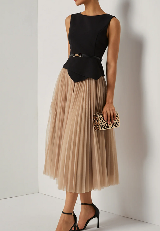 Asymmetrical Boat Neck Top with Skirt Two-Piece Set With Belt