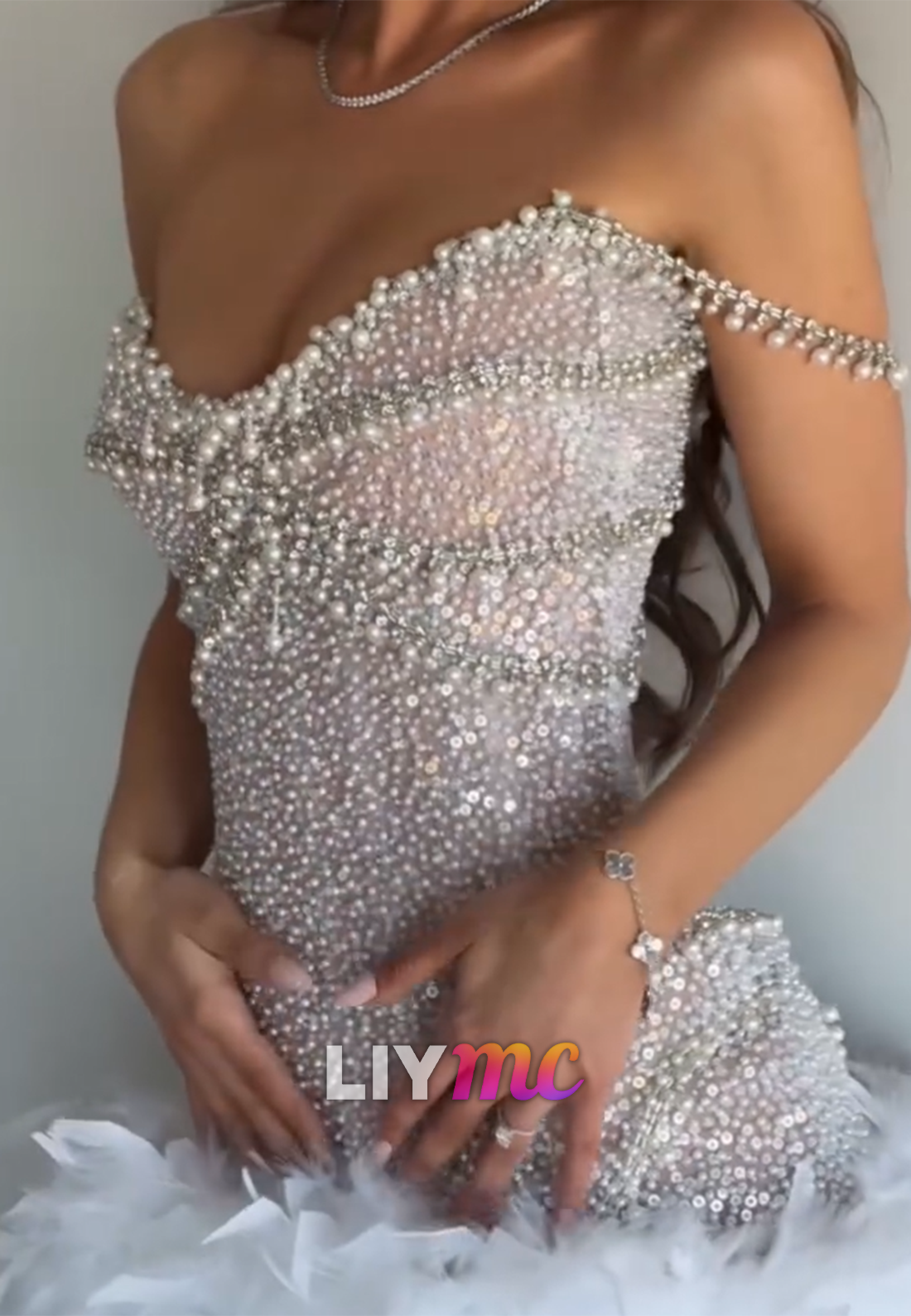 Off-Shoulder Beaded Pearl Feathered A-Line Party Dress