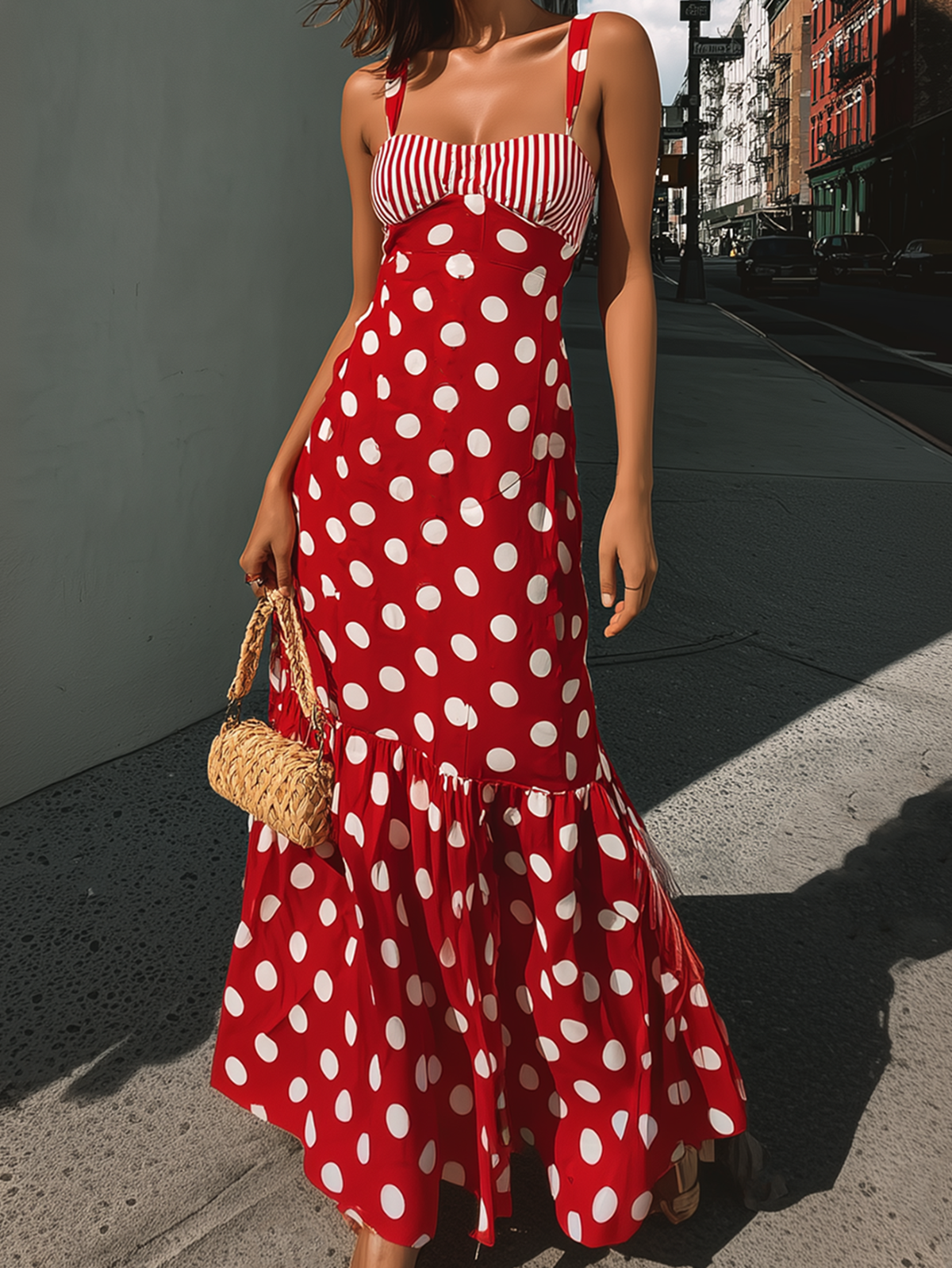 Red Polka Dot Striped Panel Maxi Dress