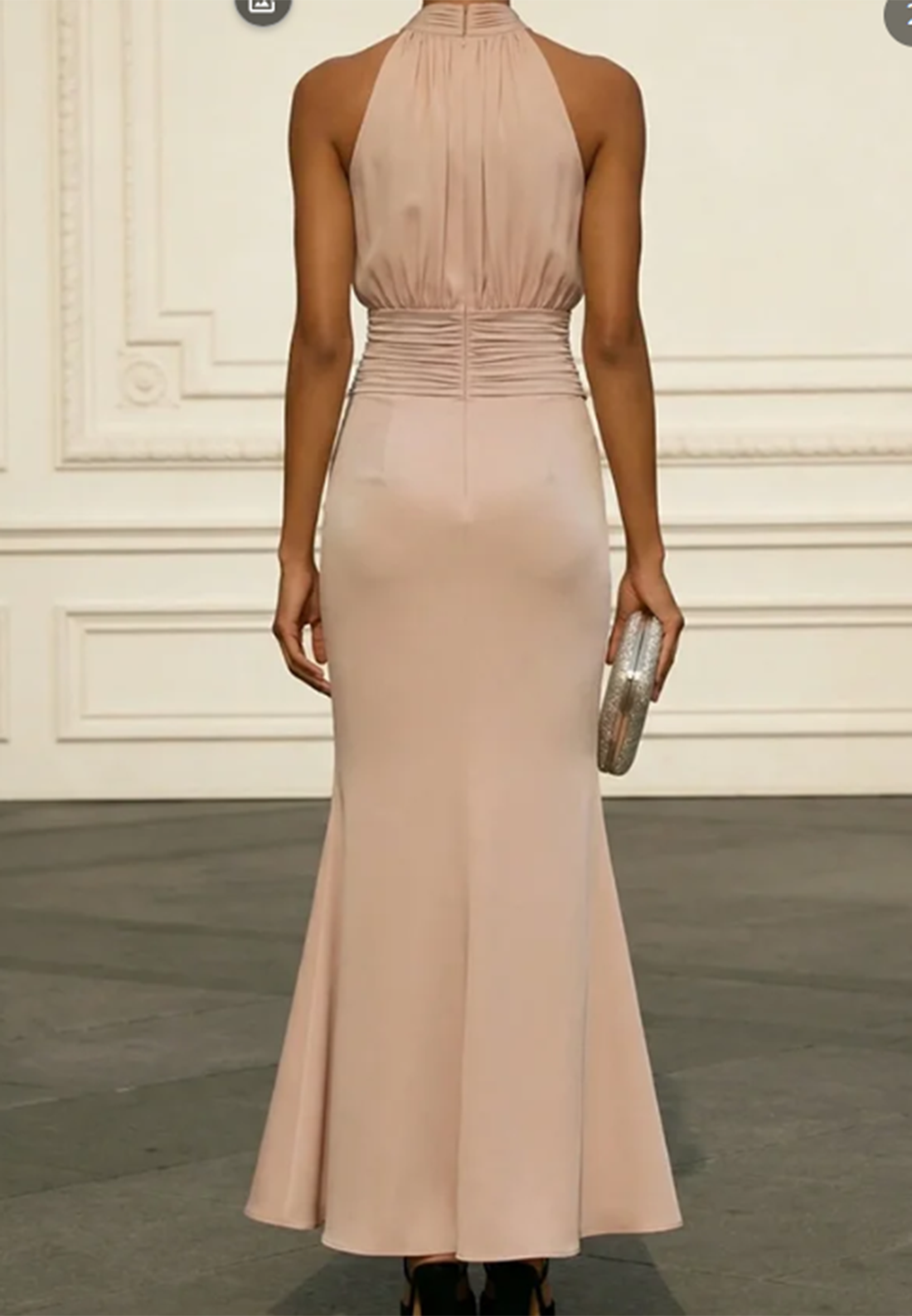 Beige Chiffon Halter Neck Ruched Bodice Maxi Dress
