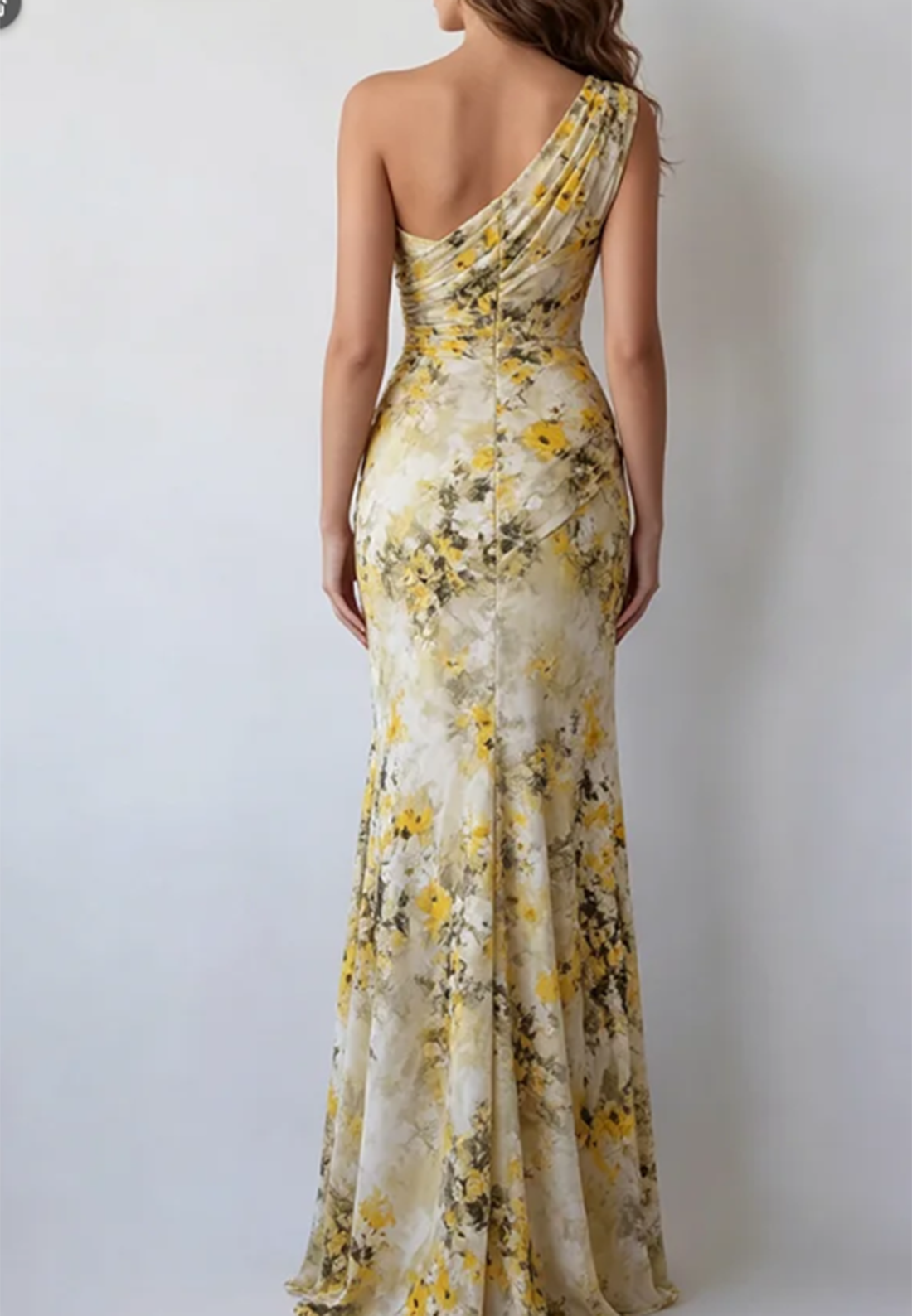 Yellow Watercolor Floral One Shoulder Chiffon Fishtail Maxi Dress