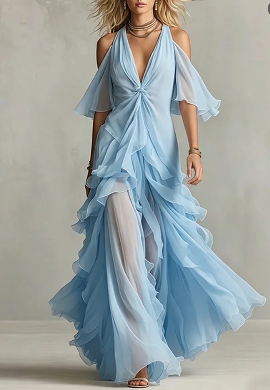 Solid Color Chiffon Off Shoulder Twisted Ruffle Maxi Dress