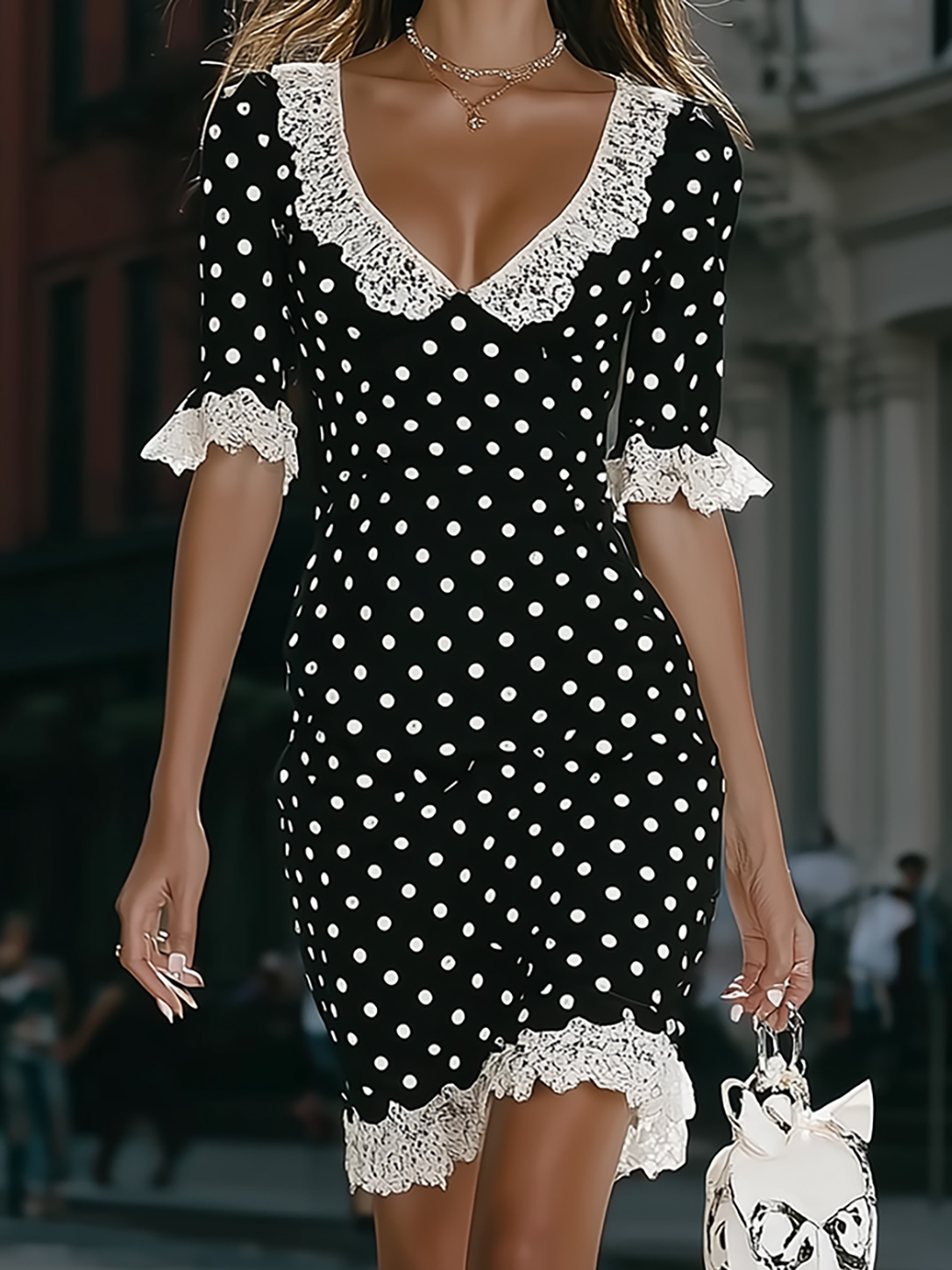 Polka Dot Lace Trim Mini Dress