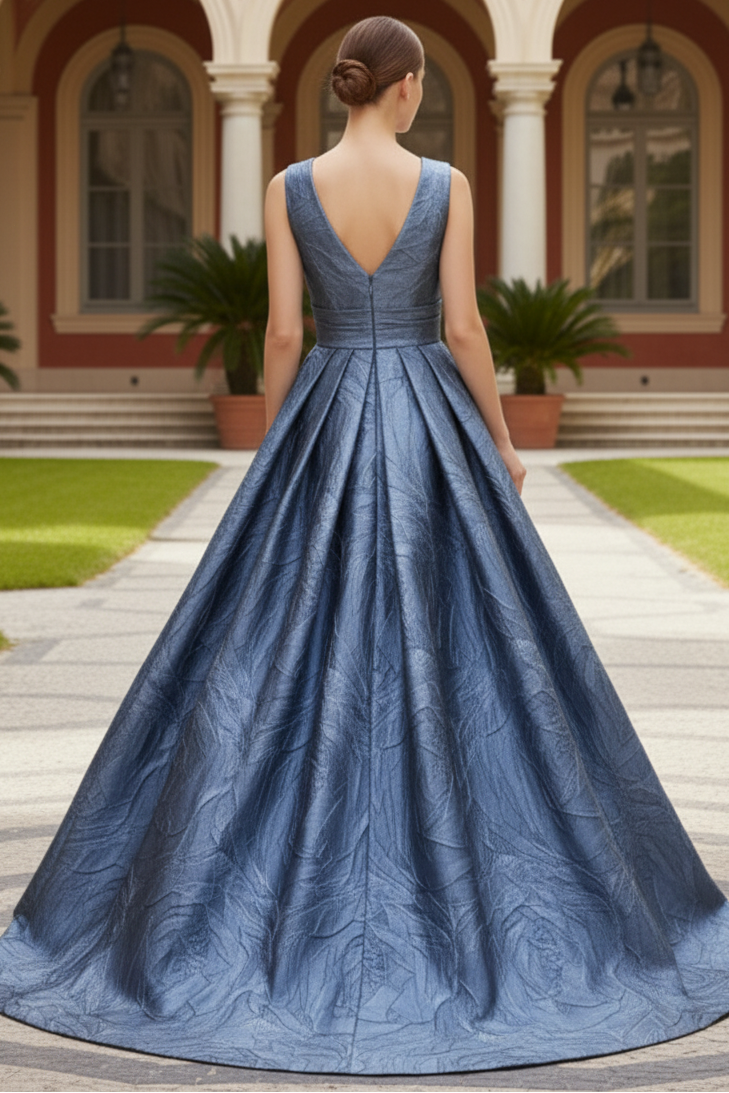 V-Neck Printed Satin A-Line Mother of Bride Dress