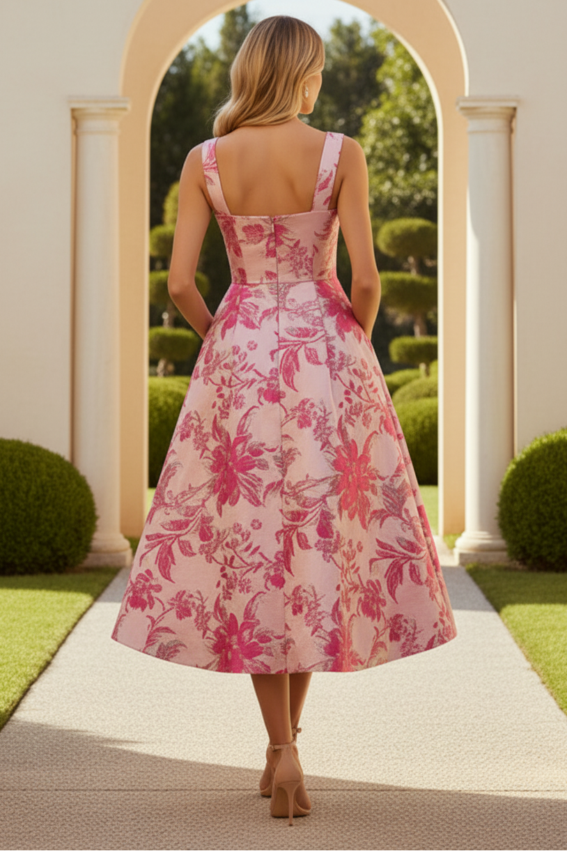 Square Straps Floral Printed A-Line Cocktail Dress