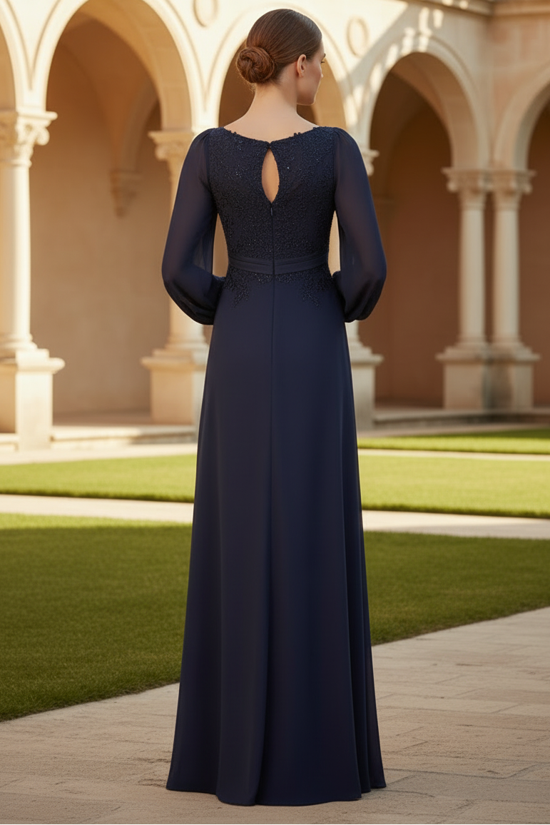 V-Neck Long Sleeves Appliques Sheath Mother of Bride Dress