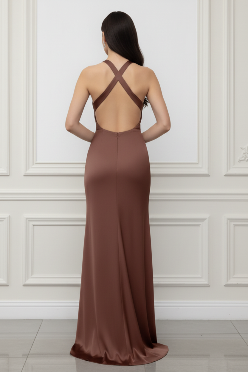 Halter Mermaid Brown Wedding Guest Dress