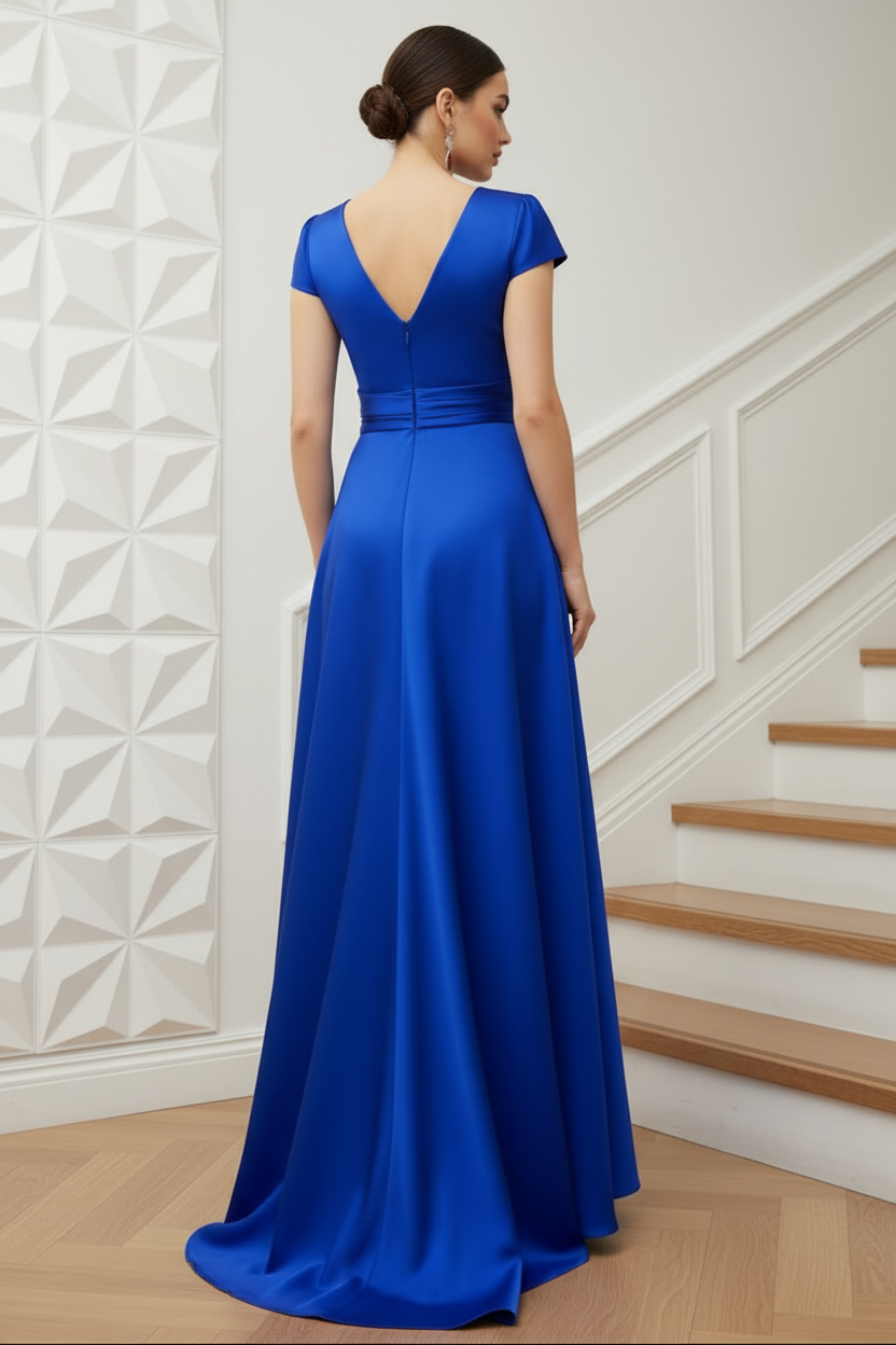 V-Neck Cap Sleeves Satin A-Line Mother of Bride Dress